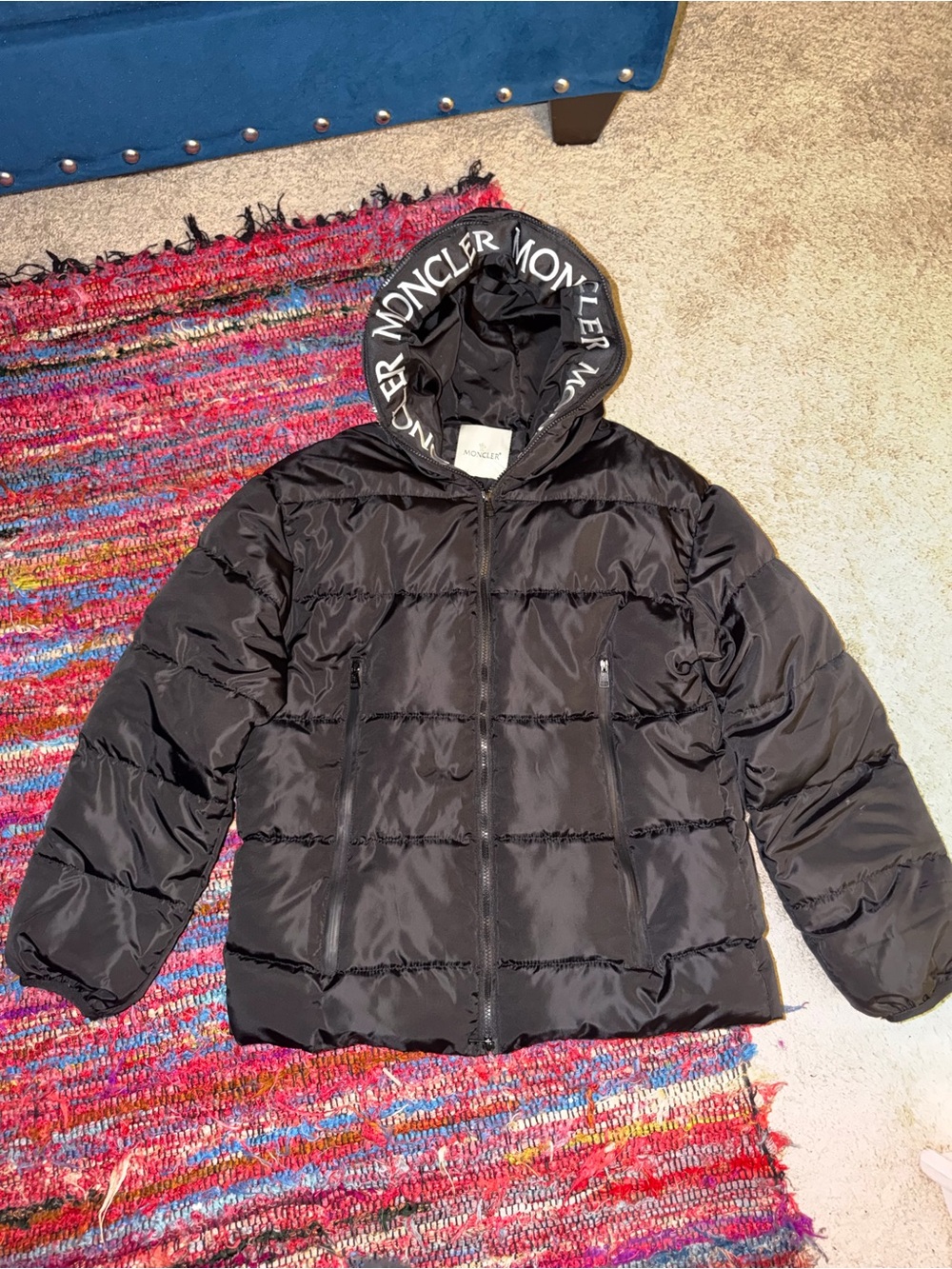 Black Hooded Puffer Jacket with Logo Trim L dupe